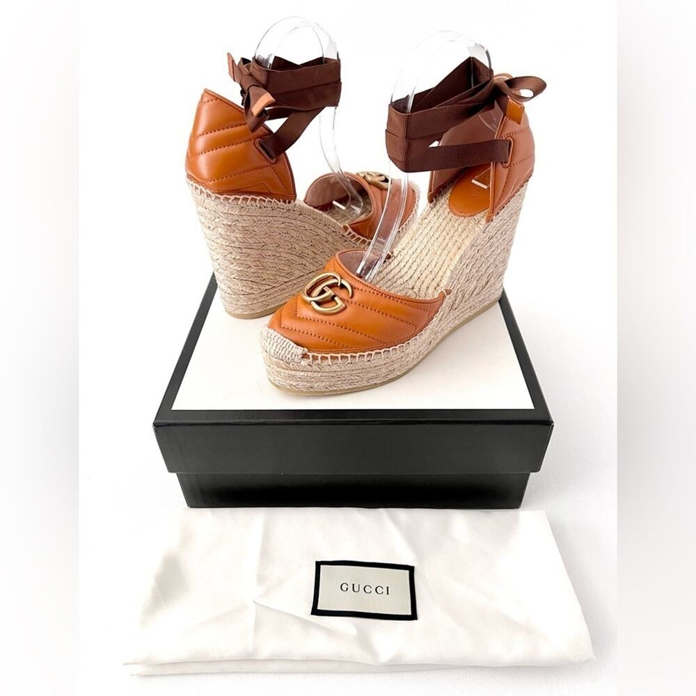 GUCCI | Marmont GG Espadrille Wedge Sandal Heels Cognac Leather Ankle Wrap  EU40